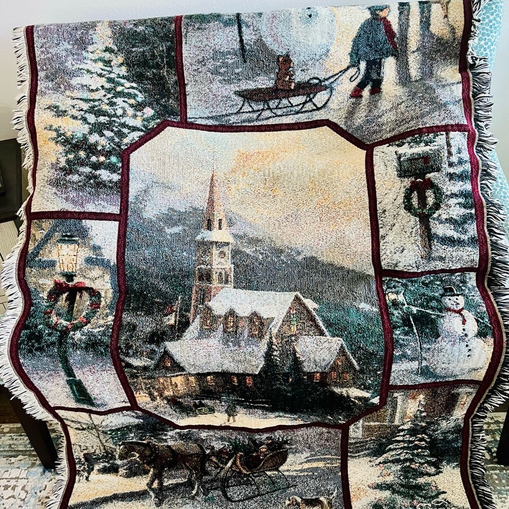 Thomas Kinkade Painter of Light Blanket with Winter Scenes, 100% Cotton